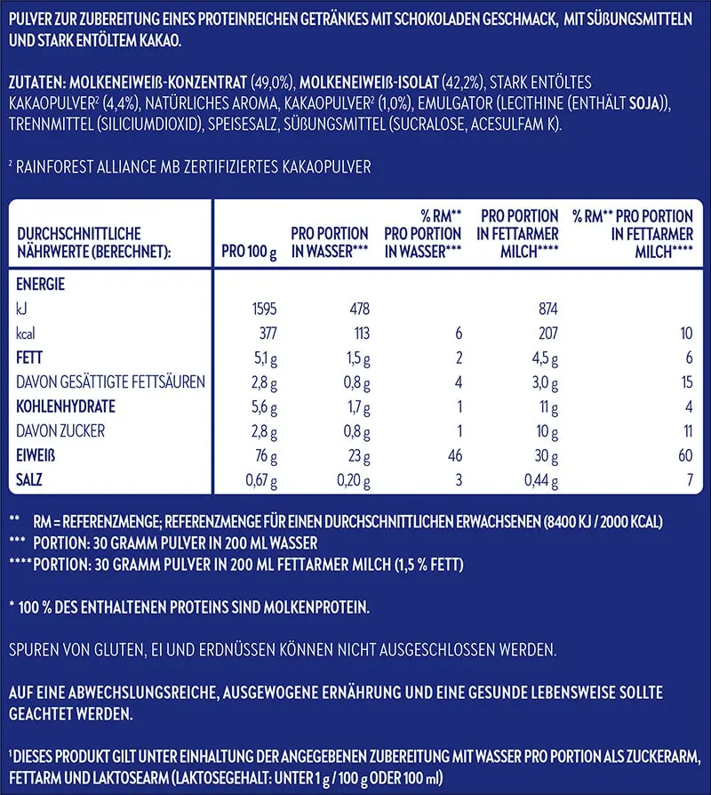 Whey Protein Deluxe Schokolade – Inhaltsstoffe | Aldi Sports