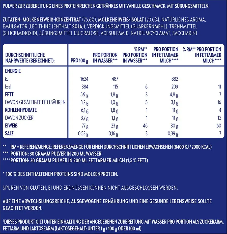 Whey Protein Deluxe Vanille – Inhaltsstoffe | Aldi Sports