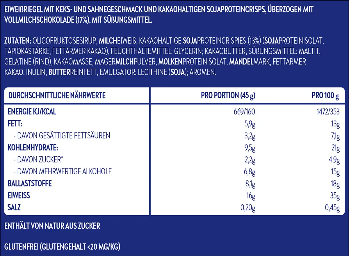 Low Carb Protein Riegel Cookie & Cream – Inhaltsstoffe | Aldi Sports