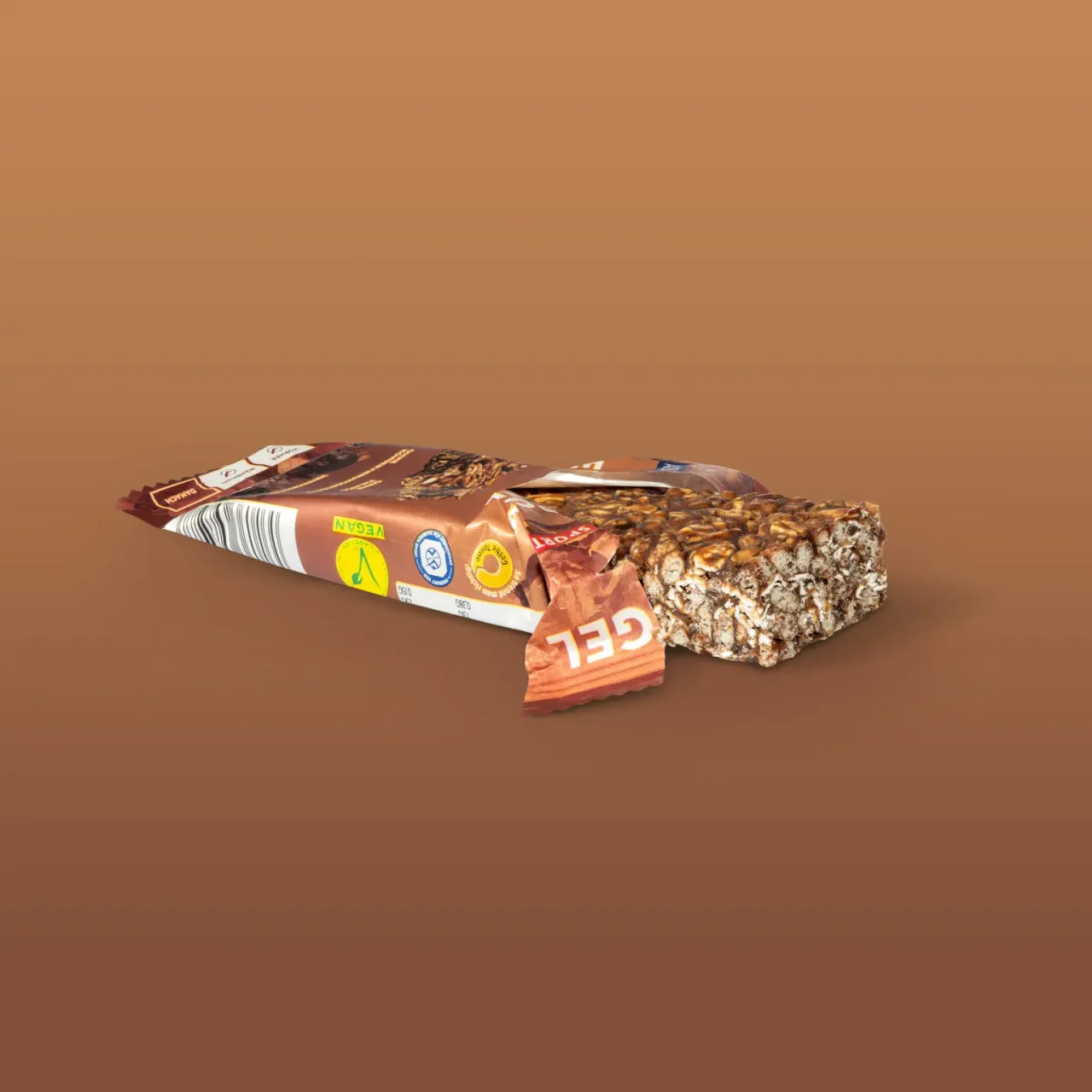 EnergyRiegel_CacaoCrunch_01 Energy Riegel Cacao Crunch – Geöffnete Verpackung mit Riegel | Aldi Sports