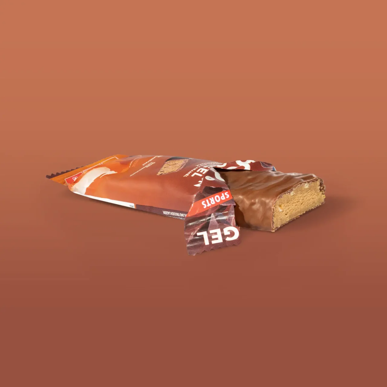 ProteinRiegel_ChocolateCaramel_01 50% Protein Riegel Chocolate Caramel – Geöffnete Verpackung mit Riegel | Aldi Sports