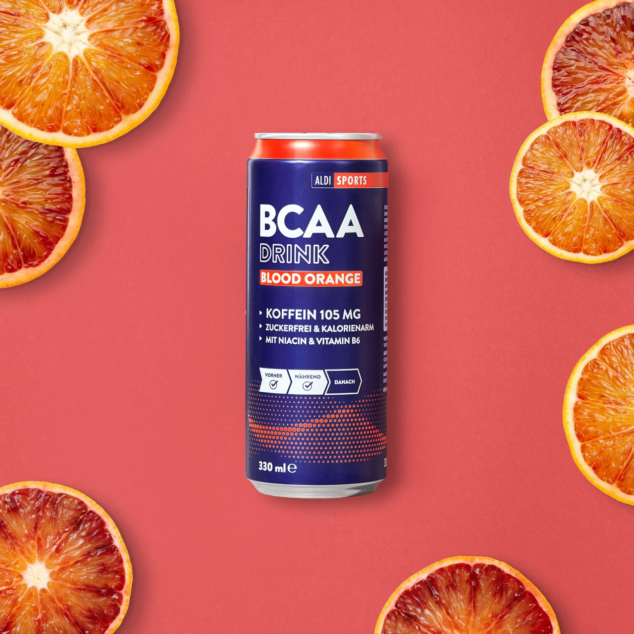 BCAA Drink Blood Orange_01 BCAA Drink Blood Orange – Zutat um das Produkt herum | Aldi Sports
