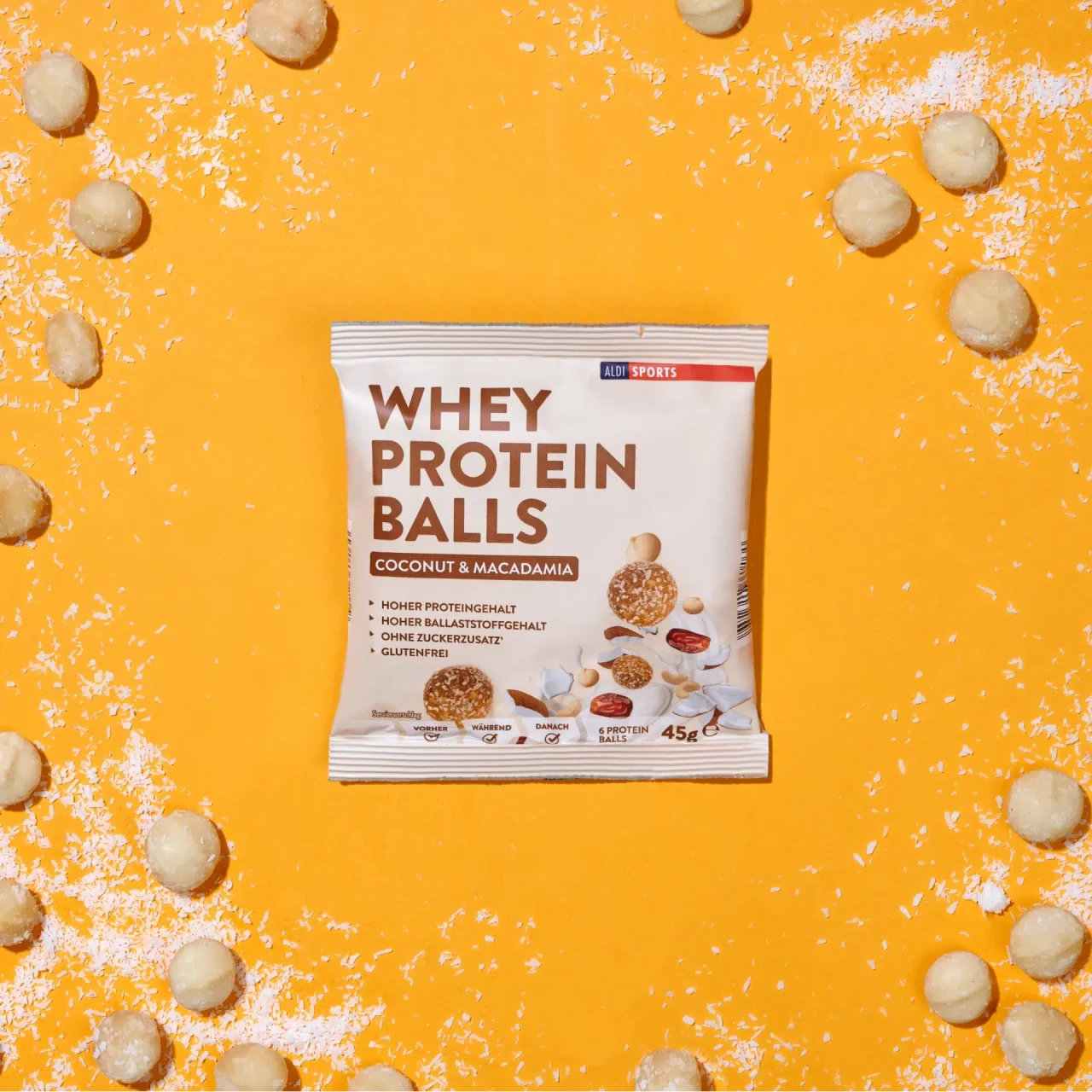 Energy Balls Coconut & Macadamia_03 Whey Protein Balls Coconut & Macadamia – Zutaten um das Produkt herum | Aldi Sports