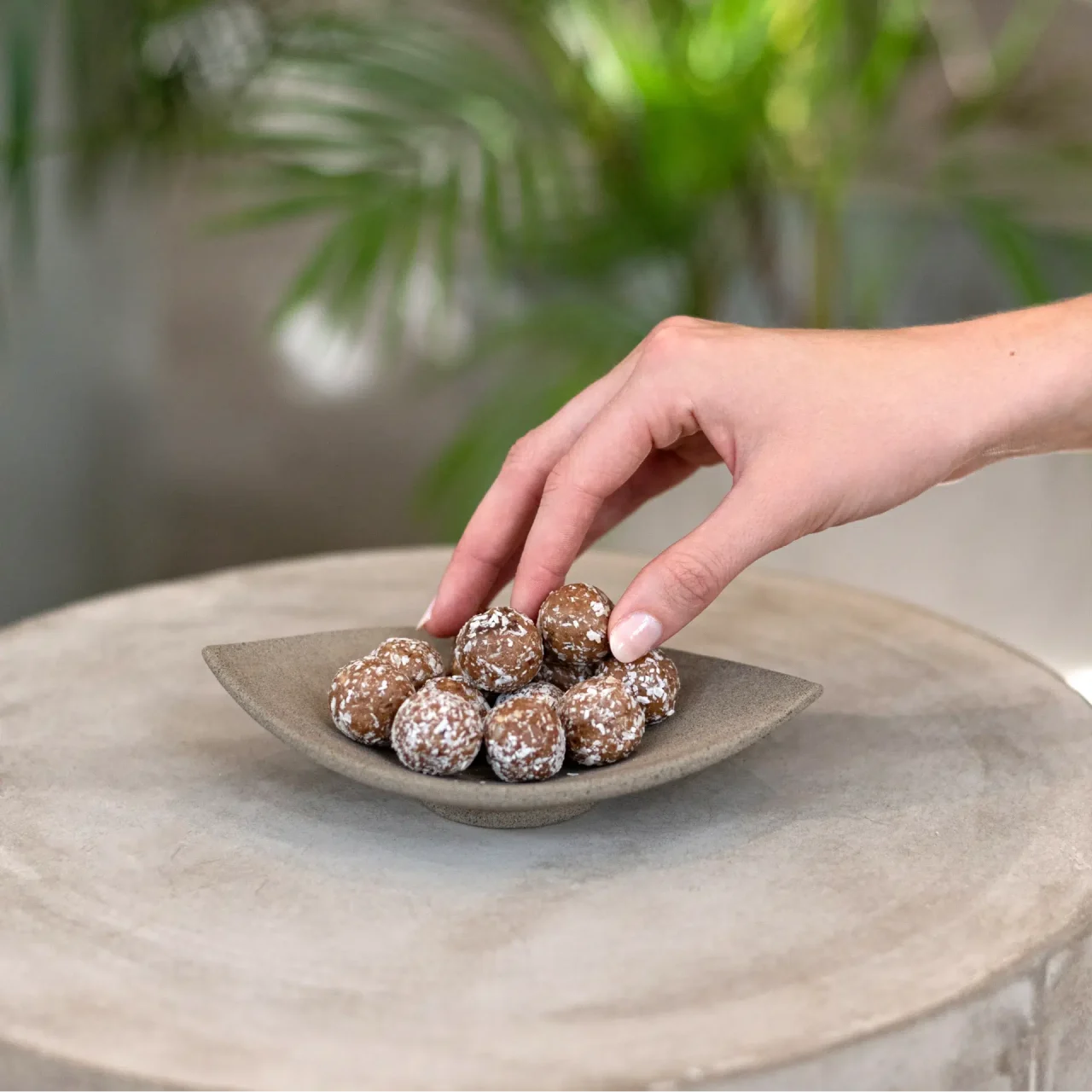 Energy Balls Coconut & Macadamia_05 Whey Protein Balls Coconut & Macadamia – Proteinbälle auf einem Teller, Hand greift danach | Aldi Sports