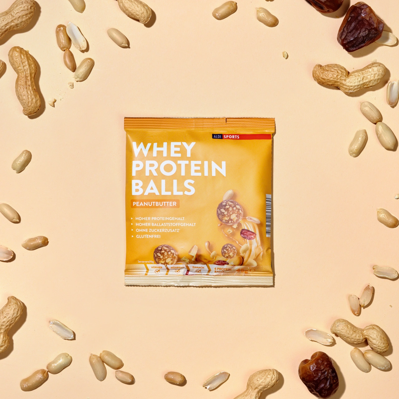 Energy Balls Peanut Butter_03 Whey Protein Balls Peanutbutter – Zutaten um das Produkt herum | Aldi Sports
