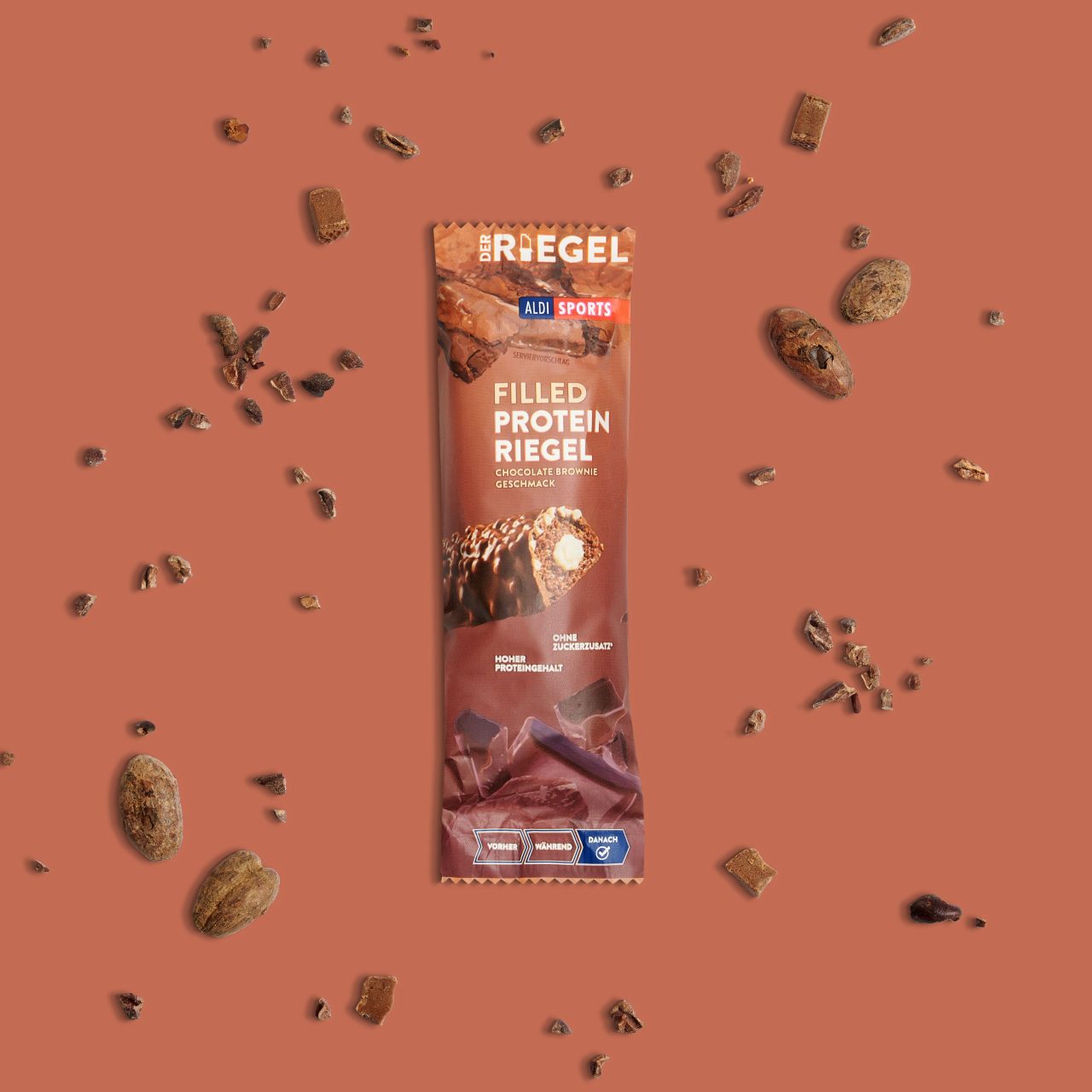 FilledProteinRiegel_ChocolateBrownie_04 Filled Protein Riegel Chocolate Brownie – Zutaten um das Produkt herum | Aldi Sports