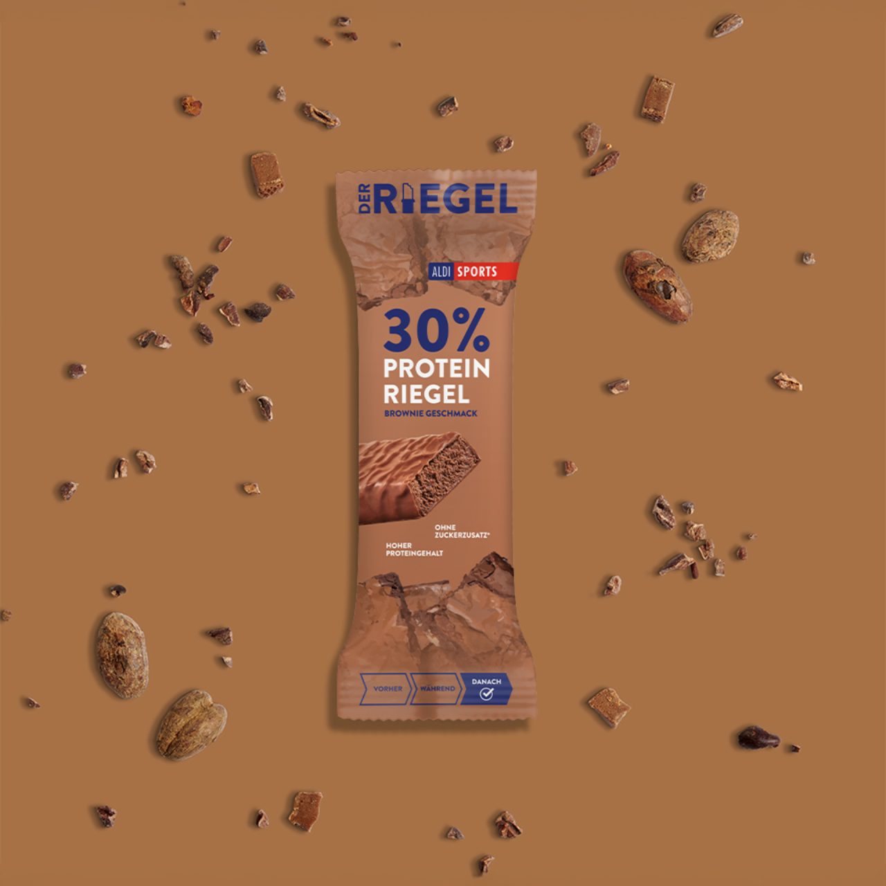 ProteinRiegel_ChocolateCaramel_04 (1)(3) 30% Protein Riegel Brownie – Zutaten um das Produkt herum | Aldi Sports