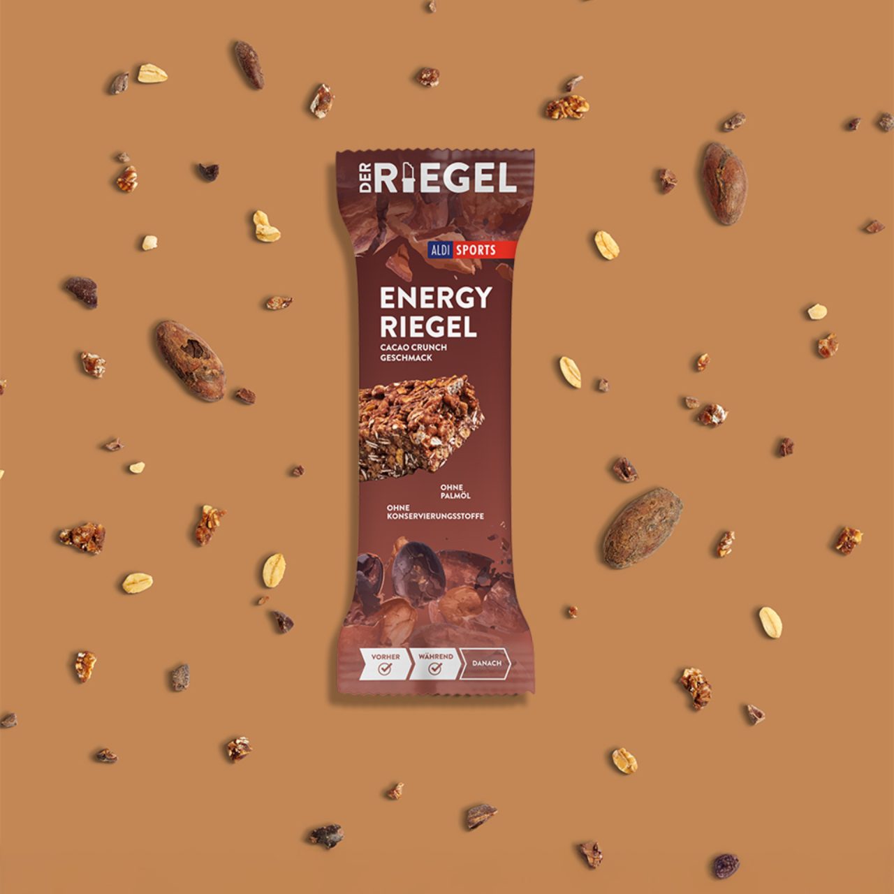 ProteinRiegel_ChocolateCaramel_04 (1)(4) Energy Riegel Cacao Crunch – Zutaten um das Produkt herum | Aldi Sports